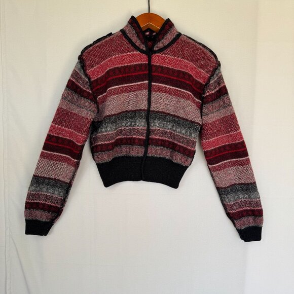 90s Vintage Dana Buchman Wool Mohair Blend Black Red Nordic Crop Cardigan Size M - Picture 9 of 15